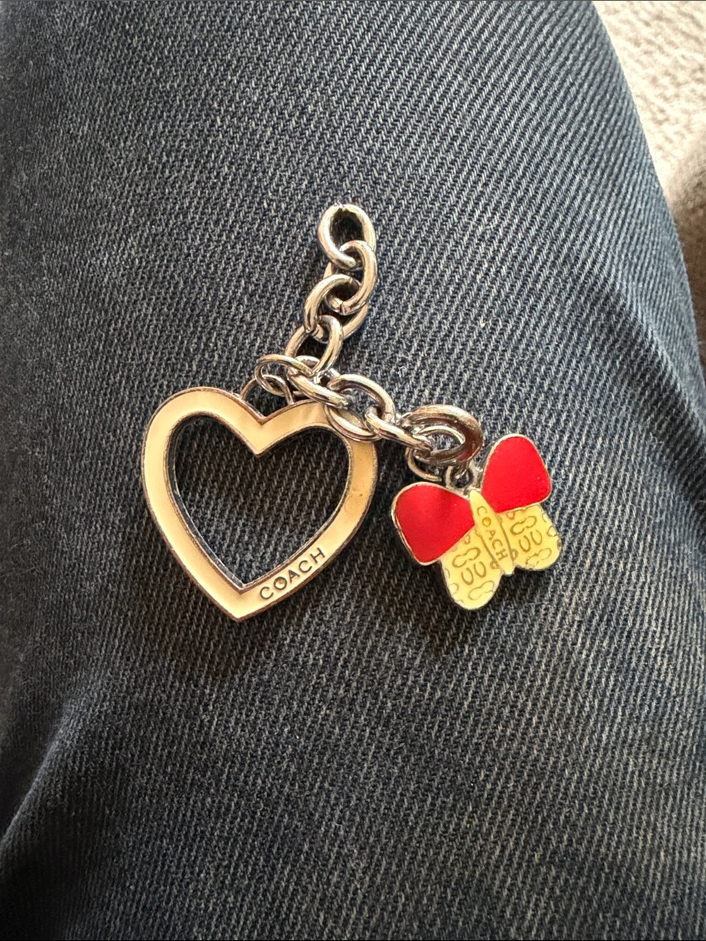 Vtg Coach Heart & Butterfly Enamel Charm Keychain - Red & Gold